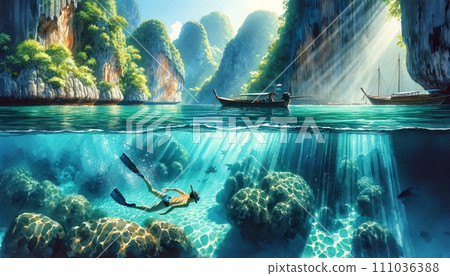 Generative AI The image is a watercolor painting of a person snorkeling in clear waters near a traditional boat and limestone cliffs. 111036388