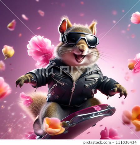 Funny fashionable squirrel, chipmunk in a leather jacket and glasses on a skateboard on a bright floral background. Congratulations on the holiday Funny fashionable squirrel, chipmunk in a leather jacket and glasses on a skateboard on a bright floral background. Congratulations on the holiday 111036434