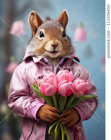 Happy squirrel in a pink leather jacket with a bouquet of tulips in his hands. Congratulations on the holiday. Happy squirrel in a pink leather jacket with a bouquet of tulips in his hands. Congratulations on the holiday. 111036450