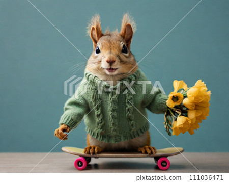 Funny squirrel in a green sweater and a bouquet of flowers on a skateboard. Congratulations on the holiday Funny squirrel in a green sweater and a bouquet of flowers on a skateboard. Congratulations on the holiday 111036471