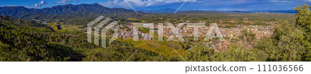 Panoramic picture small town Santa Coloma de Farners in Catalonia of Spain Panoramic picture small town Santa Coloma de Farners in Catalonia of Spain 111036566