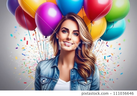 Beautiful woman with colored balloons Beautiful woman with colored balloons 111036646