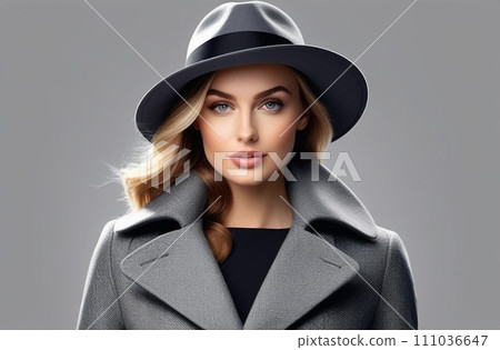 Outdoor fashion portrait of elegant woman wearing gray hat, gray coat, fashion 111036647