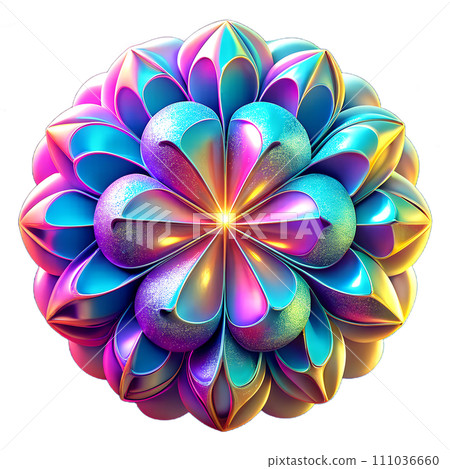 AI-generated content. Abstract holographic shape, chromatic liquid with gradient iridescent texture, flowing composition in form flower or colorful explosion, glossy sculpture isolated on white 111036660