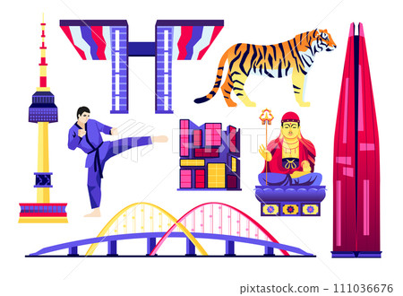 Modern architecture and symbols of South Korea - flat design style objects set Modern architecture and symbols of South Korea - flat design style objects set 111036676