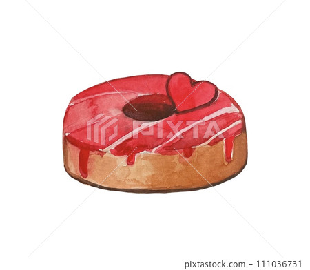 Hand drawn watercolor red donut with heart 111036731
