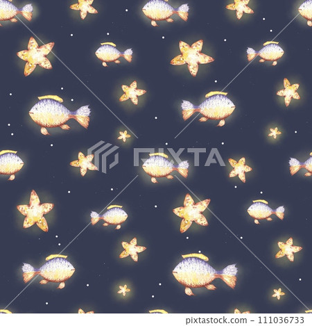 Seamless marine pattern with fish, stars on a dark background. Printing on fabric, wallpaper, engravings, textiles, children's room, postcards. Seamless marine pattern with fish, stars on a dark background. Printing on fabric, wallpaper, engravings, textiles, children's room, postcards. 111036733