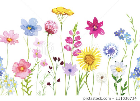 Seamless floral border with meadow flowers. Watercolor Seamless floral border with meadow flowers. Watercolor 111036734