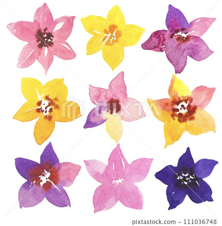 Hand drawn abstract watercolor flowers, set with watercolor flowers in pink, yellow, purple tones. Hand drawn abstract watercolor flowers, set with watercolor flowers in pink, yellow, purple tones. 111036748