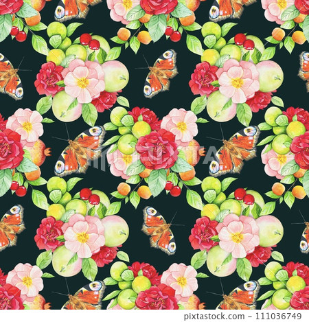 Seamless pattern with fruits, red and pink roses, butterflies. watercolor 111036749