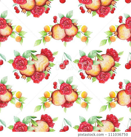 Seamless pattern with  pomegranates, cherries, red roses. Watercolor 111036750