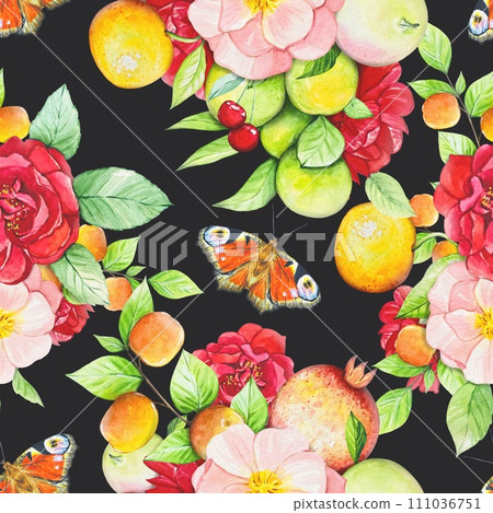Seamless pattern with fruits, red and pink roses, butterflies. watercolor 111036751