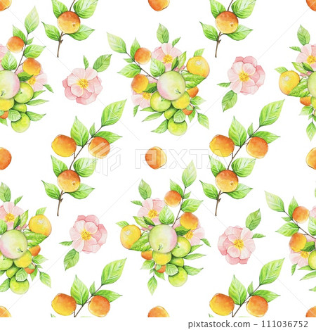 Seamless pattern with fruits, pink roses. watercolor 111036752