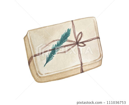 Hand drawn New Year's gift with a sprig of fir, watercolor 111036753