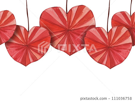 Seamless border with red paper hearts, watercolor 111036758