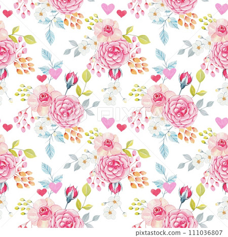 Seamless floral pattern with pink roses on a white background 111036807