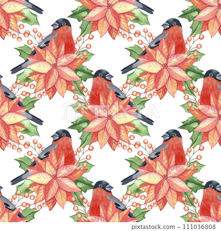 Seamless pattern with bullfinch, poinsettia flower, red berries and green leaves, watercolor 111036808