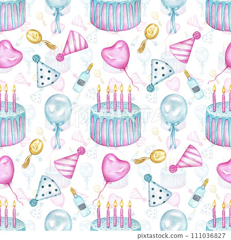 Seamless pattern with birthday cake, balloons, watercolor 111036827