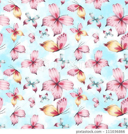 Watercolor seamless pattern with pink butterflies. For fabric, textiles, wallpaper Watercolor seamless pattern with pink butterflies. For fabric, textiles, wallpaper 111036866