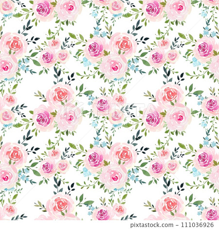 Floral pattern with pink roses, leaves. Watercolor Floral pattern with pink roses, leaves. Watercolor 111036926