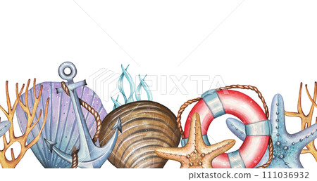 Marine seamless border with shells, anchor, lifebuoy, starfish, seaweed 111036932