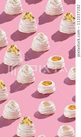 Pavlova dessert pattern on pink background vertical food photo 111037282