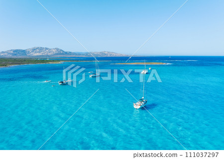 Drone view of a sailing yacht. Vacationing people. Vacation and holidays. 111037297