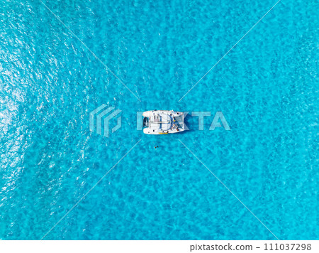 Drone view of a sailing yacht. Luxury transportation. Vacation and holidays. 111037298