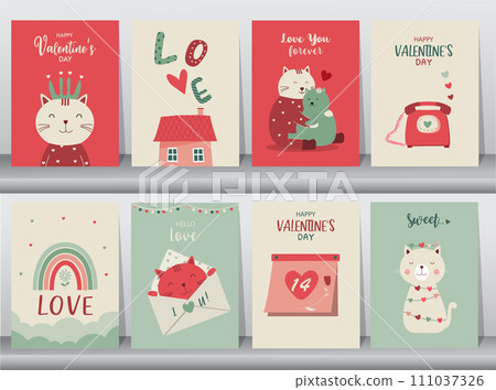 Cute animal with Valentine's day balloon.February 14. Design with cute animal.love, couple, heart, valentine,Vector illustrations. 111037326