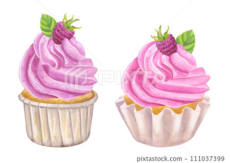 Cupcake pink sweet cream. Muffin, raspberry, mint. Food clipart. Postcard Valentine's Day. Hand drawn watercolor illustration isolated on white background. For cafe menu pastry shop Cupcake pink sweet cream. Muffin, raspberry, mint. Food clipart. Postcard Valentine's Day. Hand drawn watercolor illustration isolated on white background. For cafe menu pastry shop 111037399