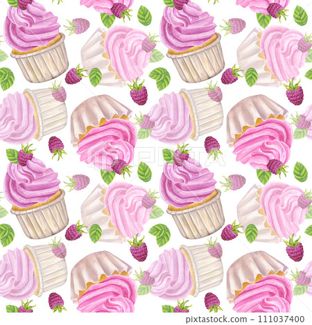 Seamless pattern cupcake pink sweet cream. Muffin, raspberry, mint. Food clipart. Valentine's Day. Hand drawn watercolor illustration on white background. Backdrop wallpaper for textiles, packaging Seamless pattern cupcake pink sweet cream. Muffin, raspberry, mint. Food clipart. Valentine's Day. Hand drawn watercolor illustration on white background. Backdrop wallpaper for textiles, packaging 111037400