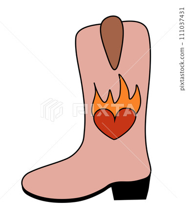 Trendy retro brown cowgirl boot with heart in flame. Wild west cowboy vintage shoe. Icon, sticker, emblem, logo design. Vector flat illustration. Trendy retro brown cowgirl boot with heart in flame. Wild west cowboy vintage shoe. Icon, sticker, emblem, logo design. Vector flat illustration. 111037431