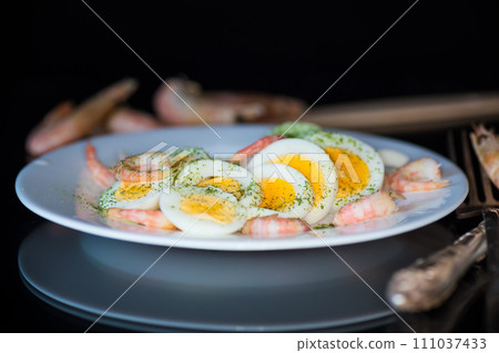 boiled eggs with boiled shrimp in a plate for breakfast boiled eggs with boiled shrimp in a plate for breakfast 111037433