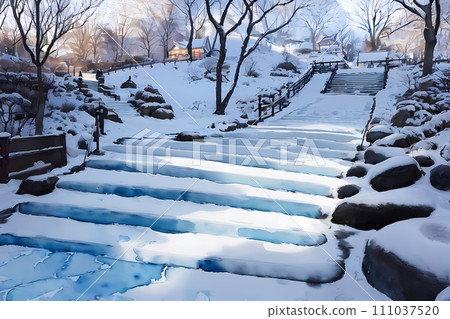 Long stairs covered in snow - Generative AI Long stairs covered in snow - Generative AI 111037520