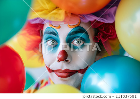 AI-generated content. April fools' day concept - clown looks through colorful balloons 111037591