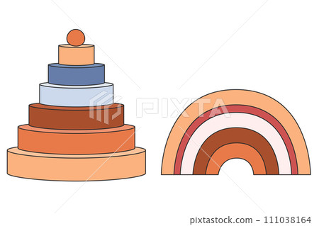 Set with wooden toys rainbow and childrens pyramid. Childrens toys, games, childhood concept 111038164