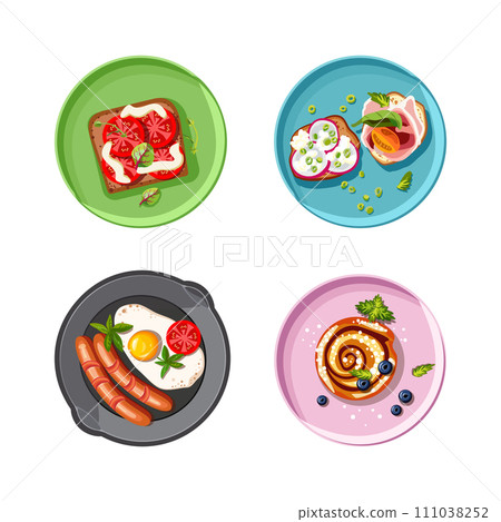 Healthy breakfast. Frying pan with scrambled eggs and sausages, tomatoes, lettuce. Plate with cake and berries. Bruschettas and open sandwiches with croutons. Isolated vector illustration 111038252