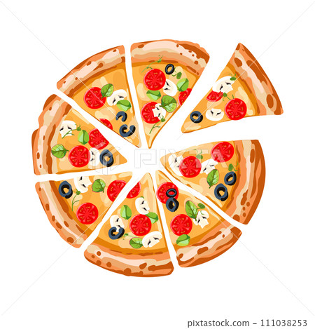 Pizza sliced with tomatoes and cheese. Italian pizza with olives and salad. Vector illustration. 111038253