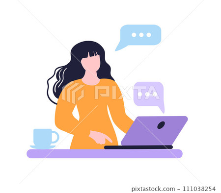 Online learning. Homeschooling and Workplace. The girl is texting from a laptop. Dialog window. Flat vector illustration 111038254