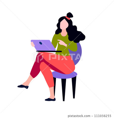 The girl sits on a chair and holds a laptop in her hands. Business lady working remotely. Flat vector illustration The girl sits on a chair and holds a laptop in her hands. Business lady working remotely. Flat vector illustration 111038255
