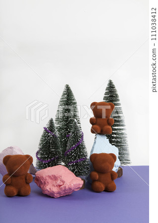 teddy bear and colored stones with covered firs teddy bear and colored stones with covered firs 111038412