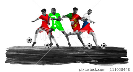 Young men, soccer players in motion during game representing team of Turkiye, Portugal, Chez Republic, Playoff winner C Young men, soccer players in motion during game representing team of Turkiye, Portugal, Chez Republic, Playoff winner C 111038448