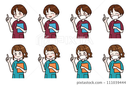 Set of women wearing scrubs with binders 111039444