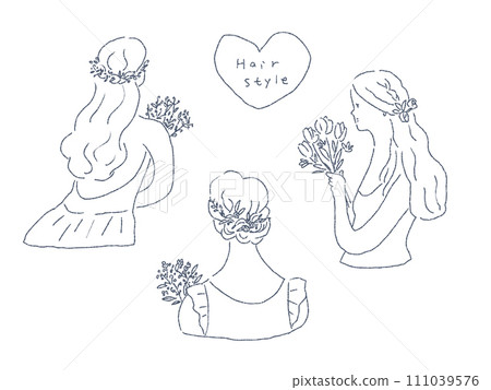 髮型、婚禮、拿著花束的年輕女子的線條畫 髮型、婚禮、拿著花束的年輕女子的線條畫 111039576