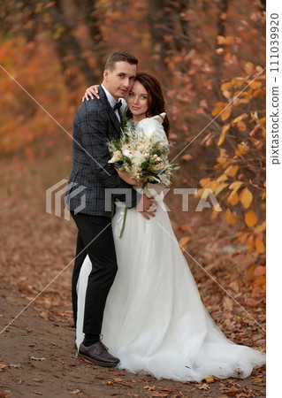 beautiful bride in white wedding dress and groom standing in countryside 111039920