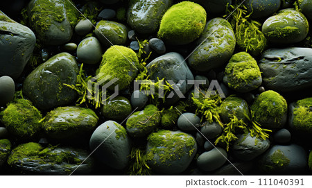 AI-generated content. Professional closeup photo of a stone softened by a blanket of bright green moss. Contrasting background. Generative AI 111040391