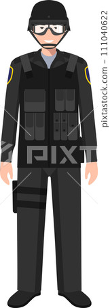 Standing SWAT Policeman Officer in Traditional Uniform Character Icon in Flat Style. Vector Illustration. Standing SWAT Policeman Officer in Traditional Uniform Character Icon in Flat Style. Vector Illustration. 111040622