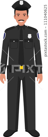 Standing Hispanic American Policeman Officer in Traditional Uniform Character Icon in Flat Style. Vector Illustration. Standing Hispanic American Policeman Officer in Traditional Uniform Character Icon in Flat Style. Vector Illustration. 111040625