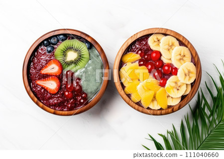 AI-generated content. Acai bowl or smoothie with fresh fruits and berries, bananas, kiwis, strawberries, on the white top view 111040660