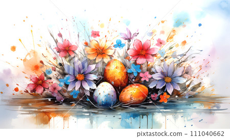AI-generated content. Easter postcard concept. Easter card in watercolor style with flowers, colorful eggs on the light background. Vibrant banner 111040662
